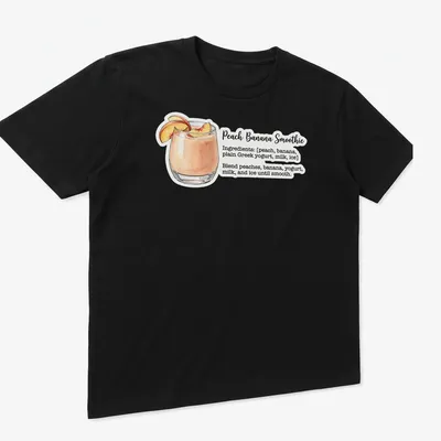 Watercolor illustration of peach banana smoothie ingredients with recipe text — printed on a unisex t-shirt (angled view)
