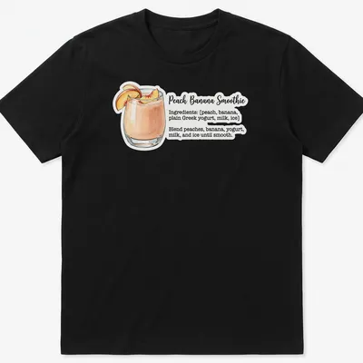Watercolor illustration of peach banana smoothie ingredients with recipe text — printed on a unisex t-shirt