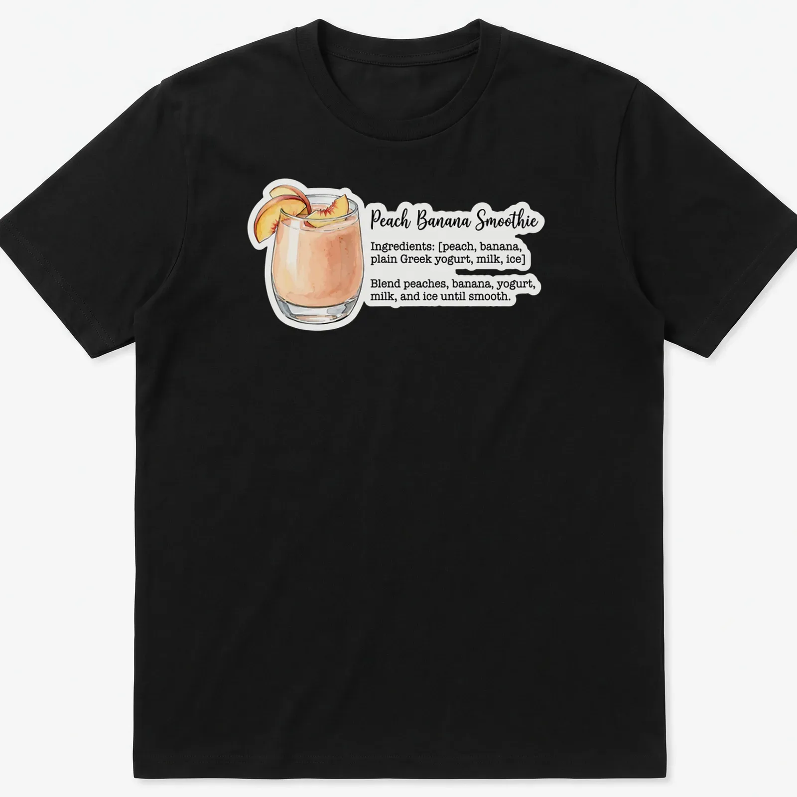 Watercolor illustration of peach banana smoothie ingredients with recipe text — printed on a unisex t-shirt