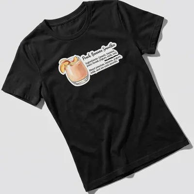 Watercolor illustration of peach banana smoothie ingredients with recipe text — printed on a women's shirt