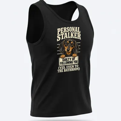 Vintage cartoon dachshund graphic with humorous text about following. — printed on a tank top