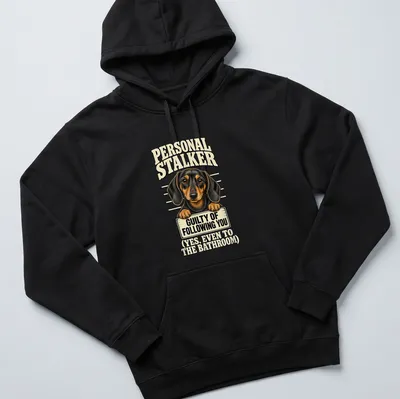 Vintage cartoon dachshund graphic with humorous text about following. — printed on a unisex hoodie