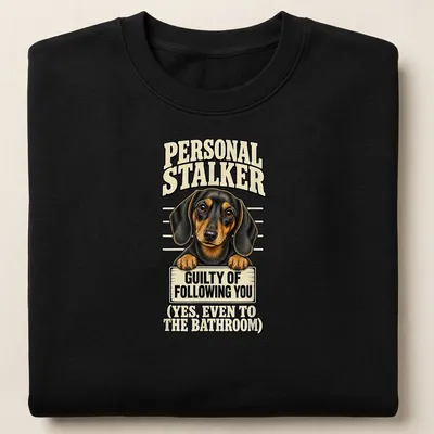 Vintage cartoon dachshund graphic with humorous text about following. — printed on a unisex sweatshirt