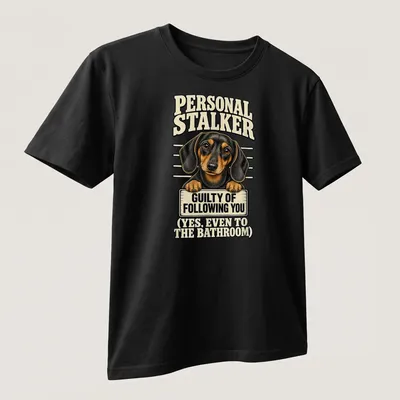 Vintage cartoon dachshund graphic with humorous text about following. — printed on a unisex t-shirt (angled view)
