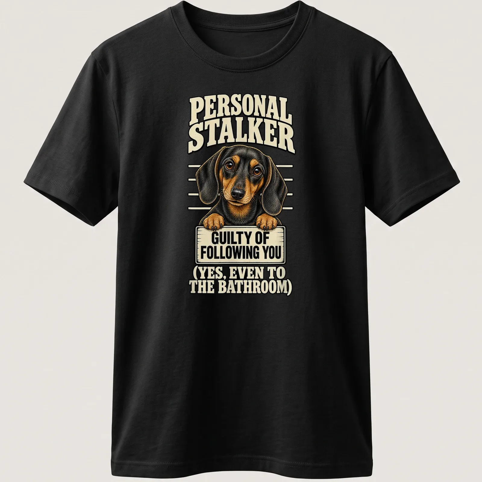 Vintage cartoon dachshund graphic with humorous text about following. — printed on a unisex t-shirt