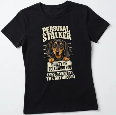 Vintage cartoon dachshund graphic with humorous text about following. — printed on a women's shirt