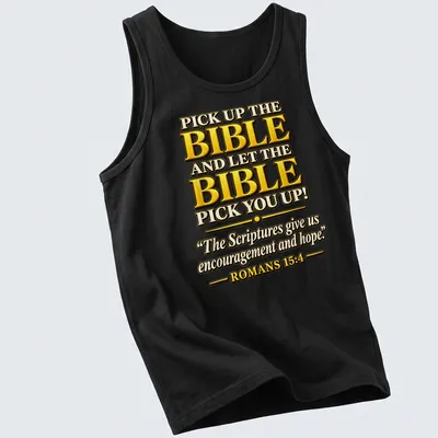 Bold decorative text design with Bible verse and gold accents — printed on a tank top