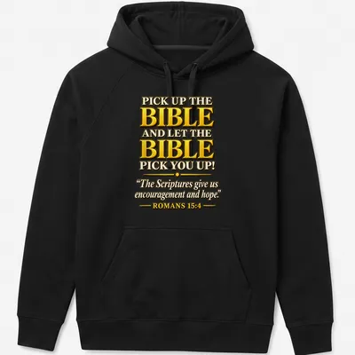 Bold decorative text design with Bible verse and gold accents — printed on a unisex hoodie