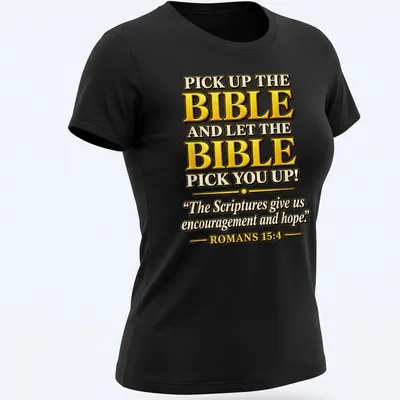 Bold decorative text design with Bible verse and gold accents — printed on a women's shirt