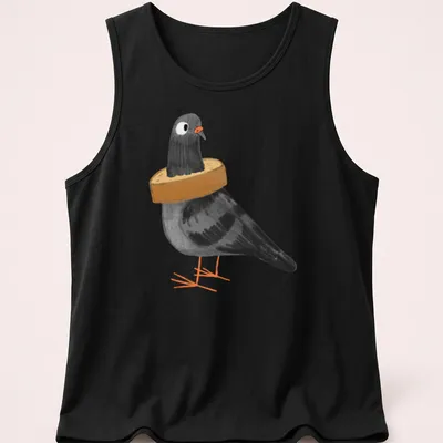 Cartoon illustration of a black pigeon stuck in a loaf of bread with humorous text — printed on a tank top