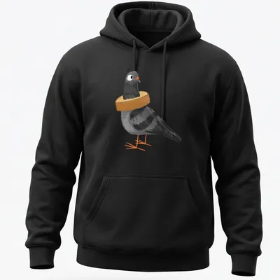Cartoon illustration of a black pigeon stuck in a loaf of bread with humorous text — printed on a unisex hoodie