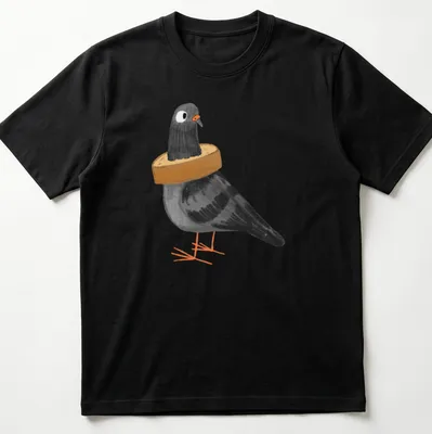 Cartoon illustration of a black pigeon stuck in a loaf of bread with humorous text — printed on a unisex t-shirt