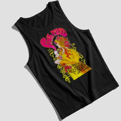 Psychedelic illustration of a woman drinking pink liquid with Pink Floyd text — printed on a tank top