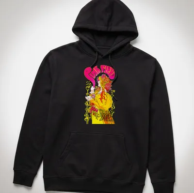 Psychedelic illustration of a woman drinking pink liquid with Pink Floyd text — printed on a unisex hoodie