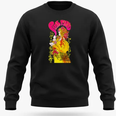 Psychedelic illustration of a woman drinking pink liquid with Pink Floyd text — printed on a unisex sweatshirt