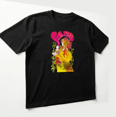 Psychedelic illustration of a woman drinking pink liquid with Pink Floyd text — printed on a unisex t-shirt (angled view)