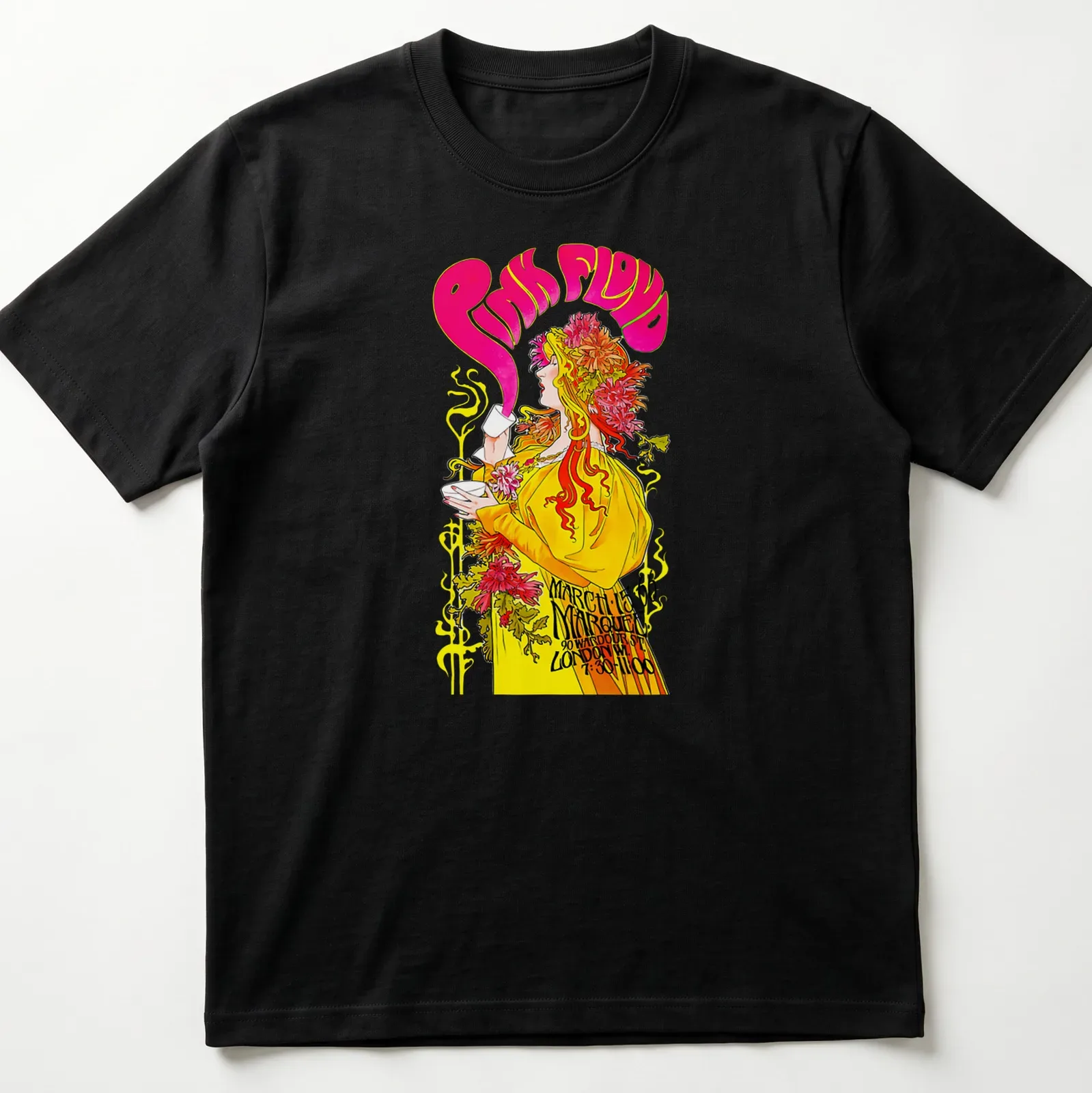 Psychedelic illustration of a woman drinking pink liquid with Pink Floyd text — printed on a unisex t-shirt