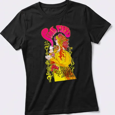 Psychedelic illustration of a woman drinking pink liquid with Pink Floyd text — printed on a women's shirt