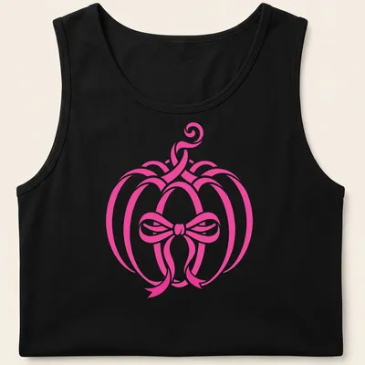 Modern minimalist pink pumpkin with a bow design for Halloween — printed on a tank top