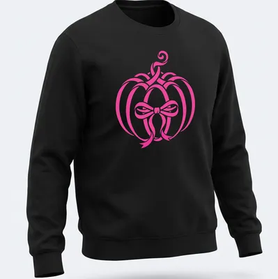 Modern minimalist pink pumpkin with a bow design for Halloween — printed on a unisex sweatshirt