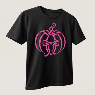 Modern minimalist pink pumpkin with a bow design for Halloween — printed on a unisex t-shirt (angled view)