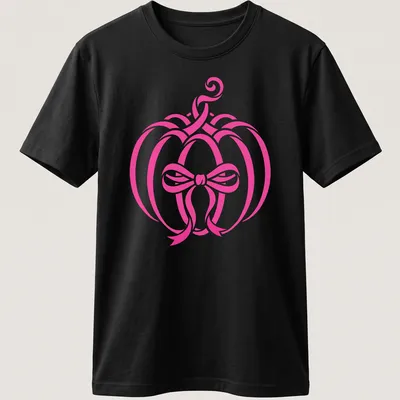 Modern minimalist pink pumpkin with a bow design for Halloween — printed on a unisex t-shirt