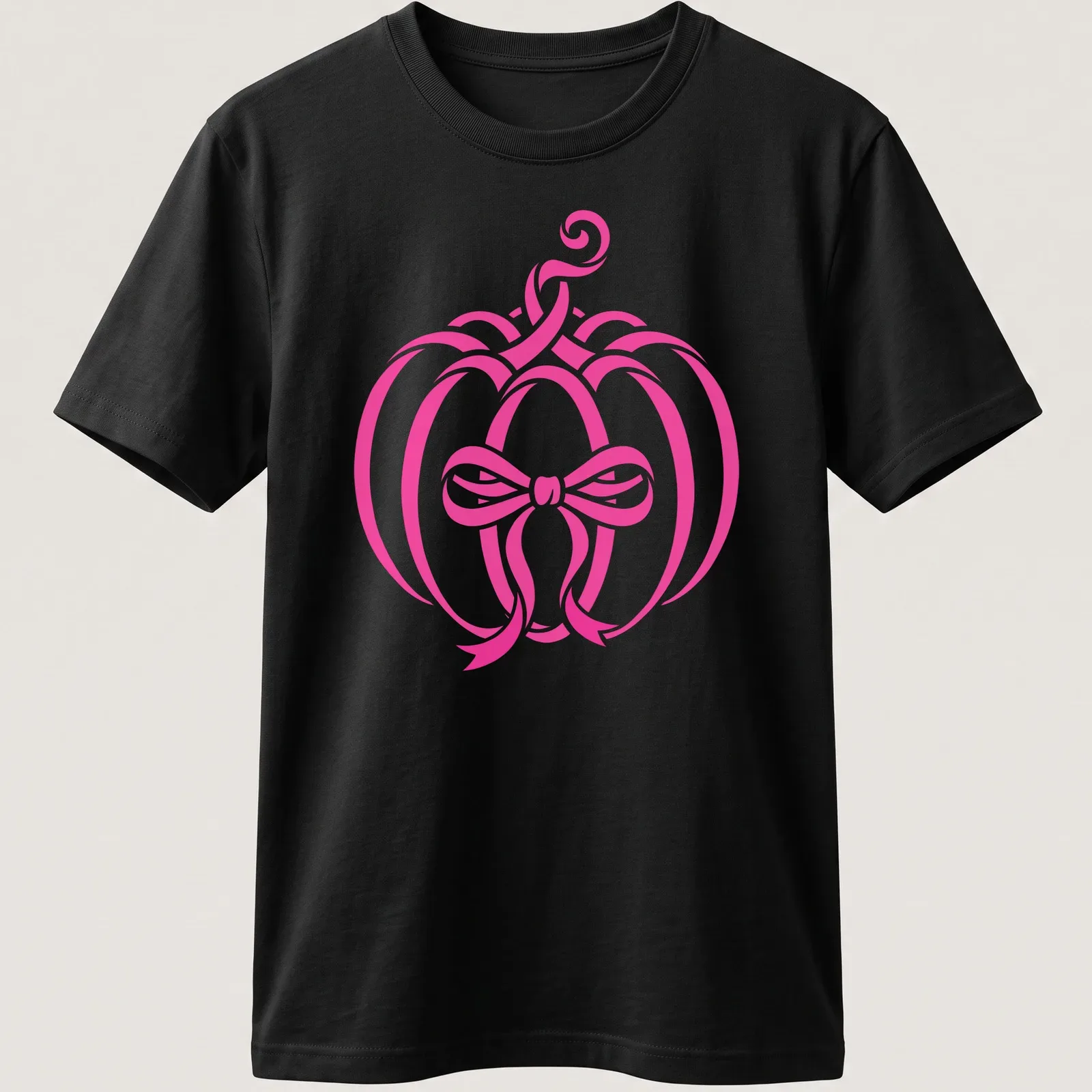 Modern minimalist pink pumpkin with a bow design for Halloween — printed on a unisex t-shirt