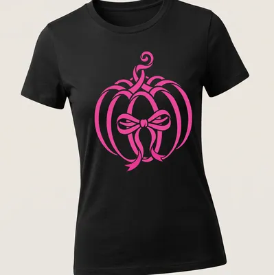 Modern minimalist pink pumpkin with a bow design for Halloween — printed on a women's shirt