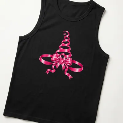 Glossy pink ribbon witch hat illustration for Halloween and breast cancer awareness — printed on a tank top