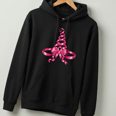 Glossy pink ribbon witch hat illustration for Halloween and breast cancer awareness — printed on a unisex hoodie