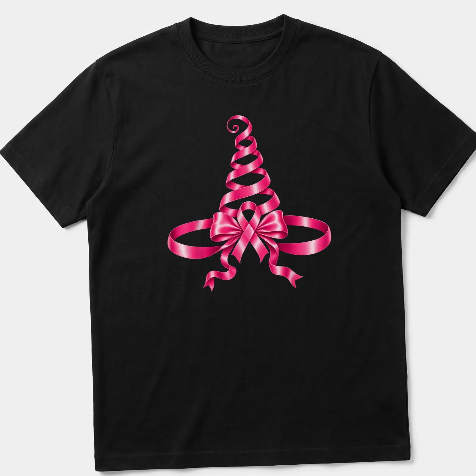 Glossy pink ribbon witch hat illustration for Halloween and breast cancer awareness — printed on a unisex t-shirt