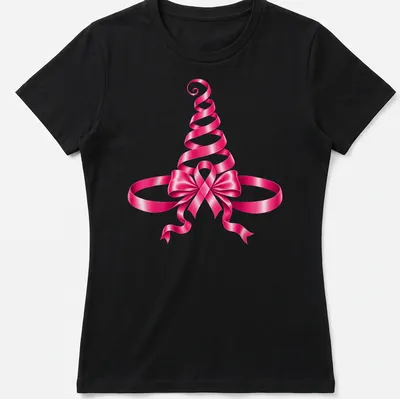 Glossy pink ribbon witch hat illustration for Halloween and breast cancer awareness — printed on a women's shirt