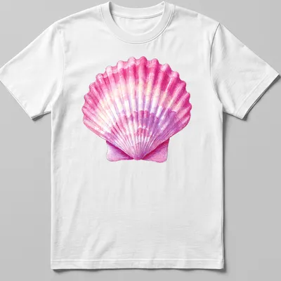 Vintage watercolor print of a pink seashell on a coastal t-shirt