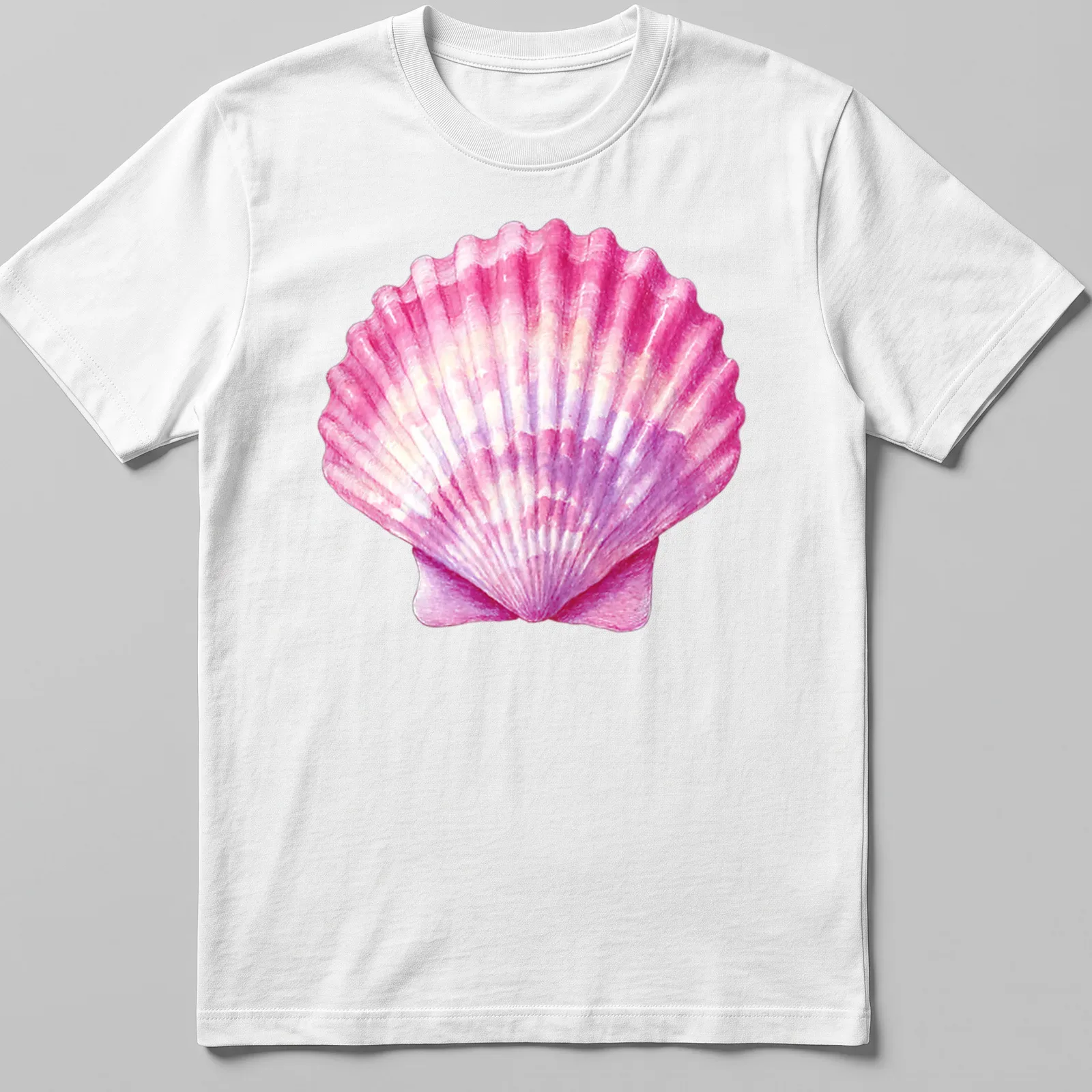 Vintage watercolor print of a pink seashell on a coastal — printed on a unisex t-shirt
