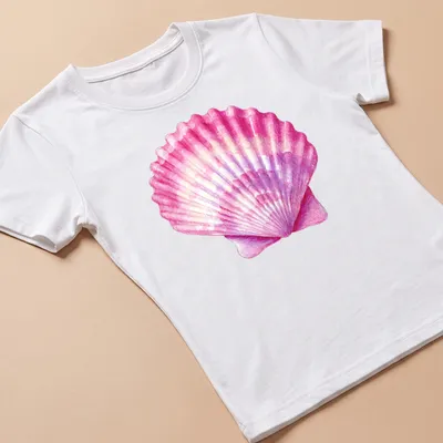 Vintage watercolor print of a pink seashell on a coastal — printed on a women's shirt