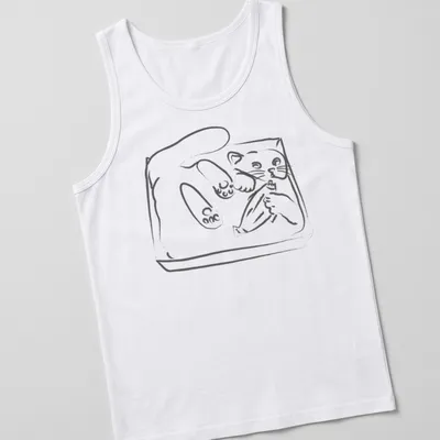 Simple line-art of a playful kitten wiggling in a tray in black and white — printed on a tank top