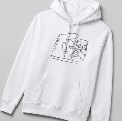 Simple line-art of a playful kitten wiggling in a tray in black and white — printed on a unisex hoodie