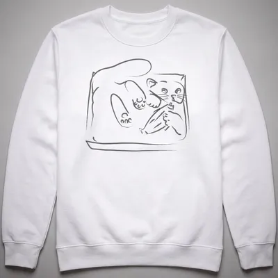 Simple line-art of a playful kitten wiggling in a tray in black and white — printed on a unisex sweatshirt