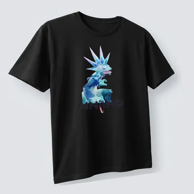 3D illustration of AN!MO character with colorful lettering on a — printed on a unisex t-shirt (angled view)