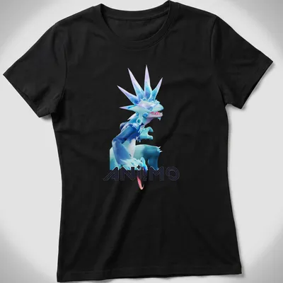 3D illustration of AN!MO character with colorful lettering on a — printed on a women's shirt