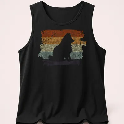 Distressed retro Pomeranian dog graphic in orange and cream tones — printed on a tank top