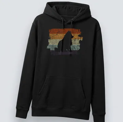 Distressed retro Pomeranian dog graphic in orange and cream tones — printed on a unisex hoodie