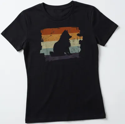 Distressed retro Pomeranian dog graphic in orange and cream tones — printed on a women's shirt