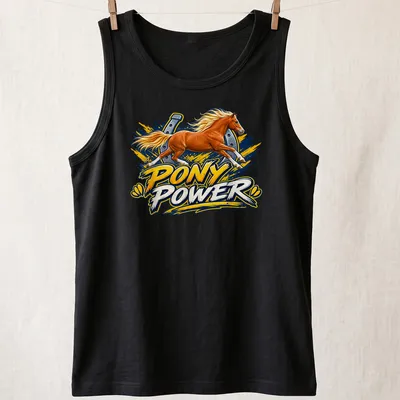 Vibrant illustration of a running horse with bold Pony Power text in gold and blue. — printed on a tank top