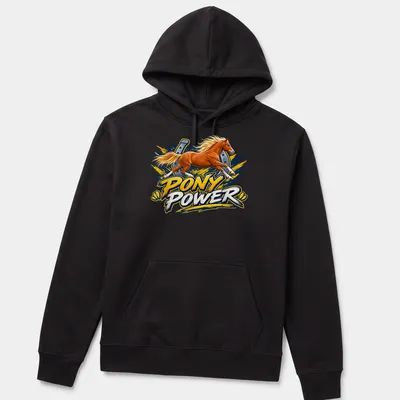 Vibrant illustration of a running horse with bold Pony Power text in gold and blue. — printed on a unisex hoodie