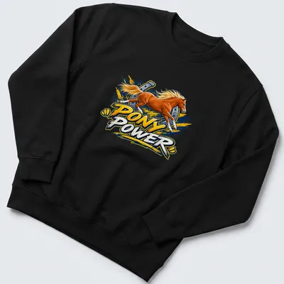 Vibrant illustration of a running horse with bold Pony Power text in gold and blue. — printed on a unisex sweatshirt