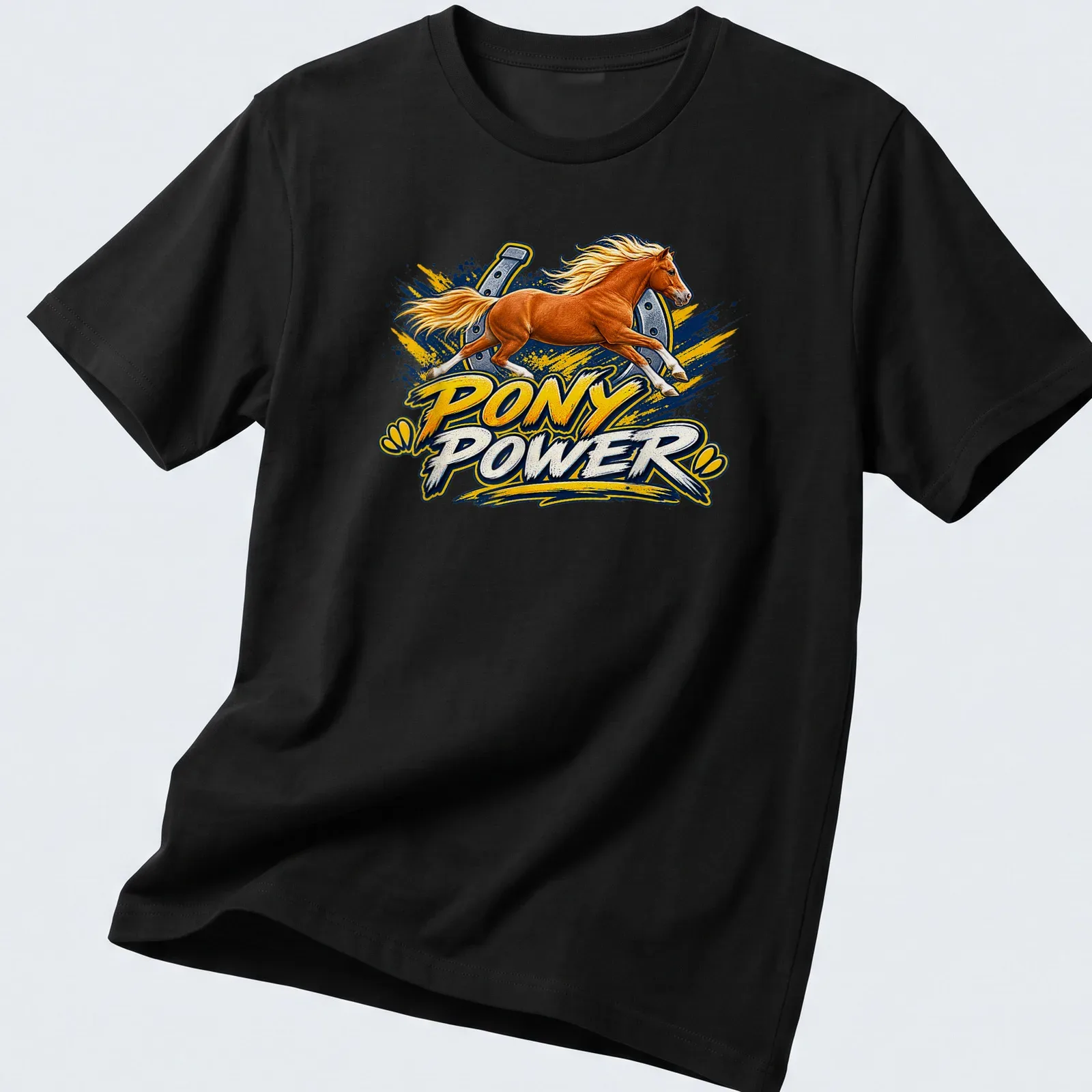 Vibrant illustration of a running horse with bold Pony Power text in gold and blue. — printed on a unisex t-shirt