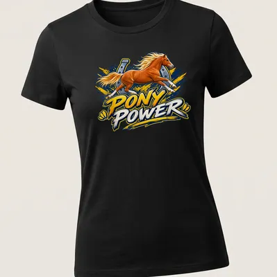 Vibrant illustration of a running horse with bold Pony Power text in gold and blue. — printed on a women's shirt