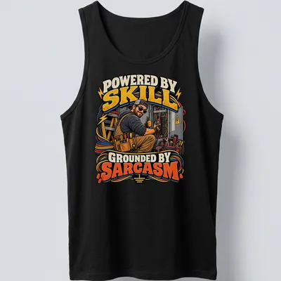 Bold typography t-shirt with the phrase 'Powered By Skill Grounded By Sarcasm' and electrician tools — printed on a tank top