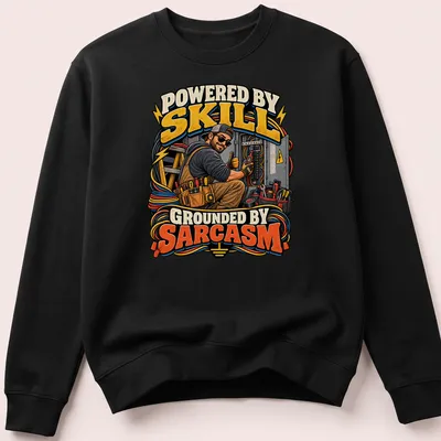 Bold typography t-shirt with the phrase 'Powered By Skill Grounded By Sarcasm' and electrician tools — printed on a unisex sweatshirt